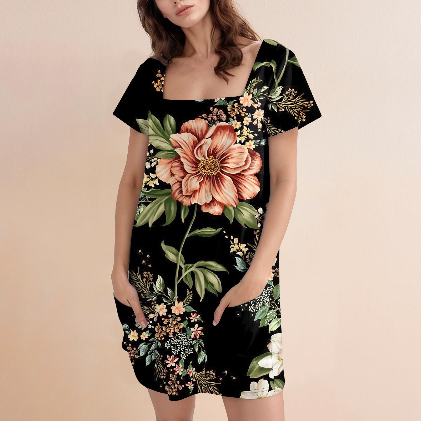 

Women s Fashion Casual Print Square Neck Short Sleeve Short Dress L