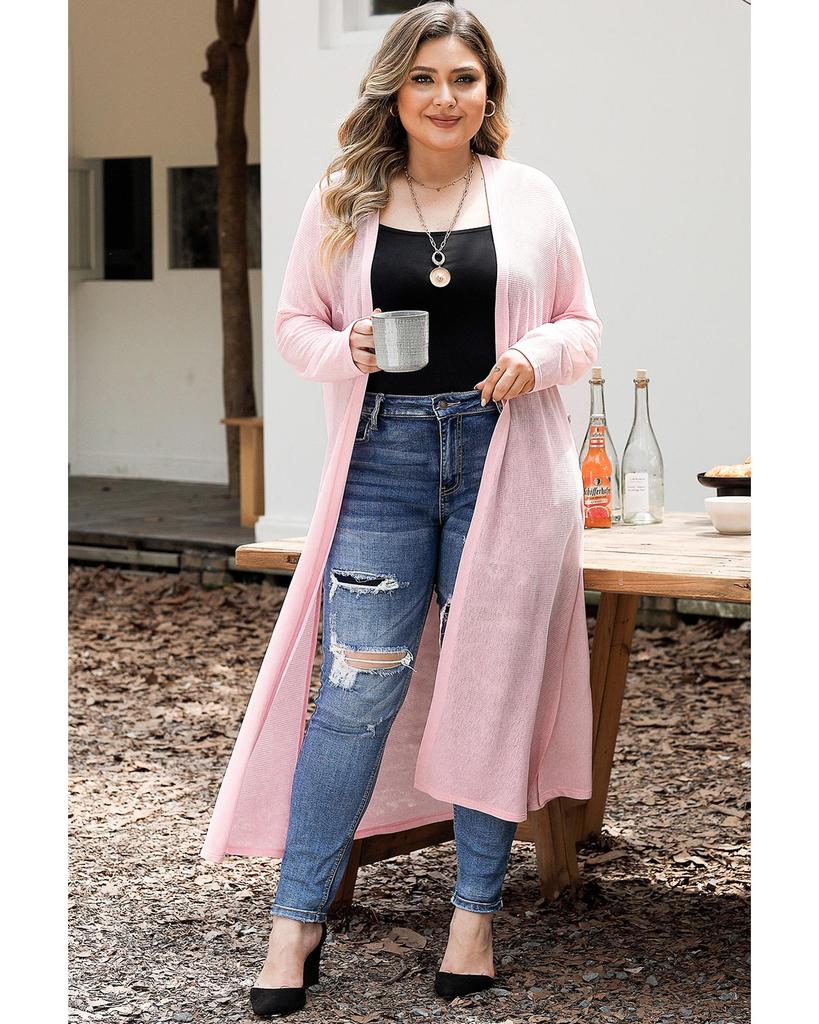 Azura Exchange Pink Sheer Knitted Long Side Slit Plus Size Cardigan