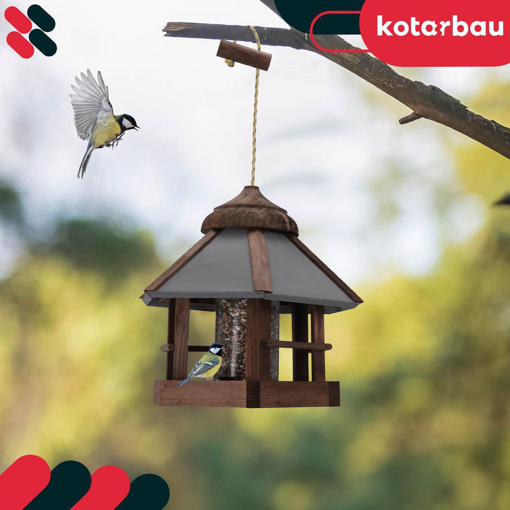 Kotarbau® Suspended Bird Feeder With Dispenser For The Balcony For The Garden Hexagonal Wood 310 X 285 Mm + Feed 0.5 Kg