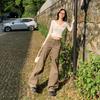 Unisex Retro American High-Street Brown & Green Wide-Leg Jeans - Spring & Autumn Casual Floor-Length Pants.