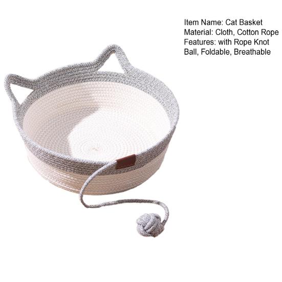 Handwoven Rope Cat Basket Cat Bed Basket with Rope Knot Ball Cat Ear Design Foldable Cat Bed for Indoor Cats Lounging Sleeping Entertainment