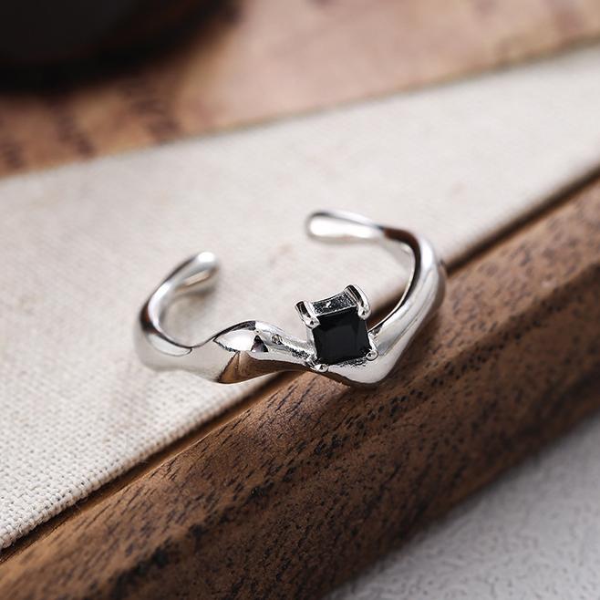 PONYKISS Sterling Silver Square Zircon Opening Ring for Women Minimalist Irregular Fine Trendy Geometric Accessories