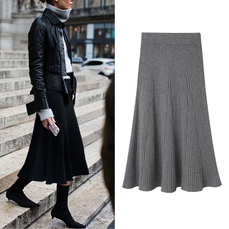 Hong Kong Style High-Waist Knitted Pleated Skirt for Women - Slim, Thick, Autumn & Winter Wear, Supports Up to 200 Pounds