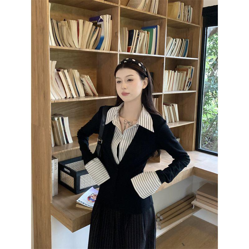 

Kumikumi Fashion Set Temperament Fake Two Pieces Long sleeves Shirt Women Autumn High Waist Slimming Casual Pants Two-piece Set Fake Two-Piece Tops L