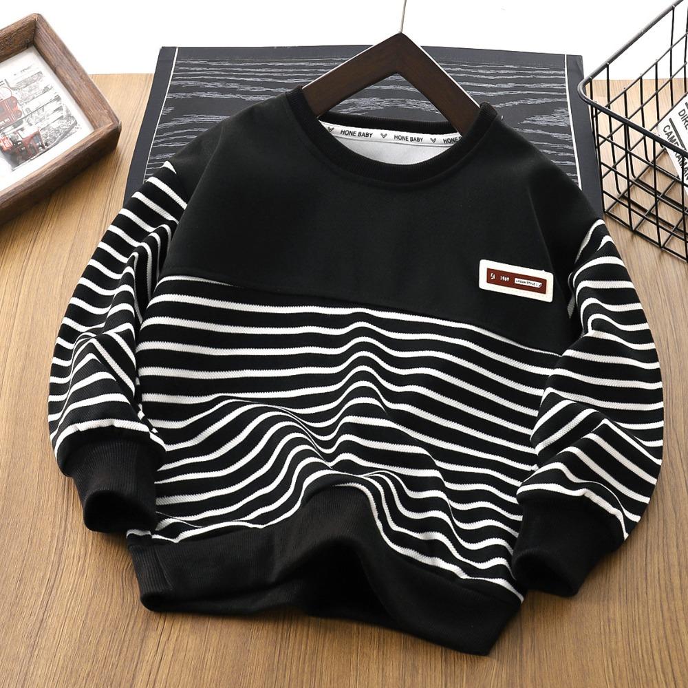 Spring/Autumn Boys' Sweatshirt, Classic Black and White Striped Patchwork Design, Stand-Up Collar Half-Zipper Breathable Tops