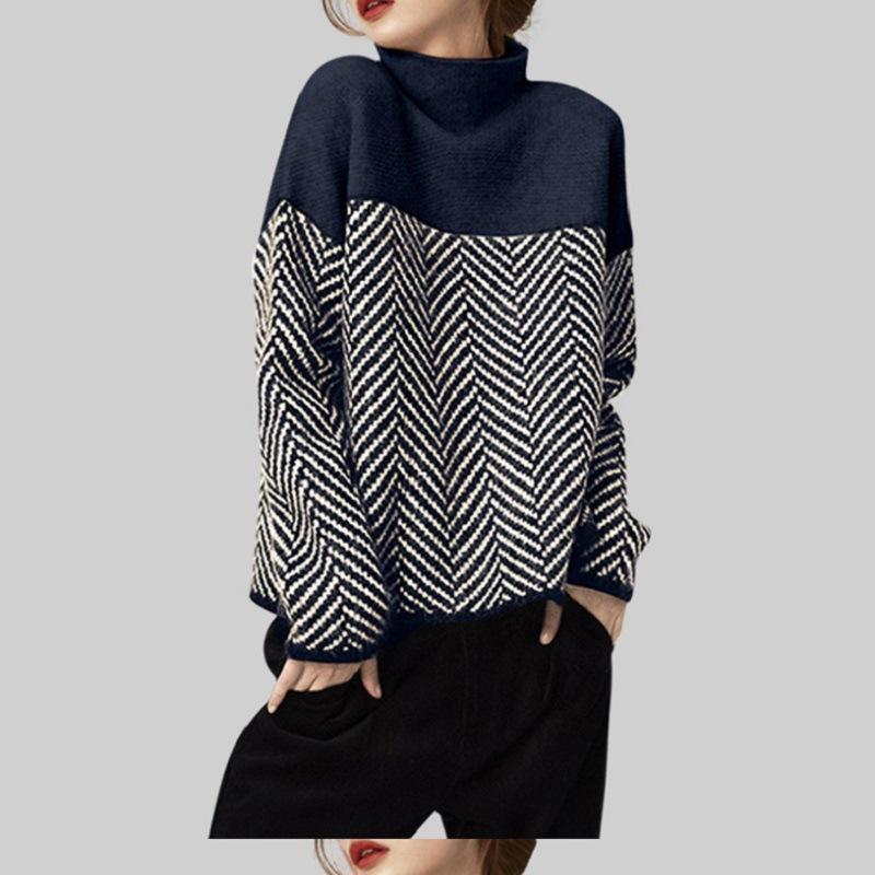 Suéter de Punto Retro Color Block Cuello Semi Alto Otoño Invierno Diseño Holgado Estilo Lazy Jersey Top