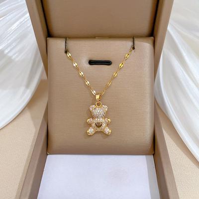 Collier d'ours mignon Ours qui fait un câlin d'amour Or véritable Zircon micro-incrusté Chaîne simple réglable pour clavicule