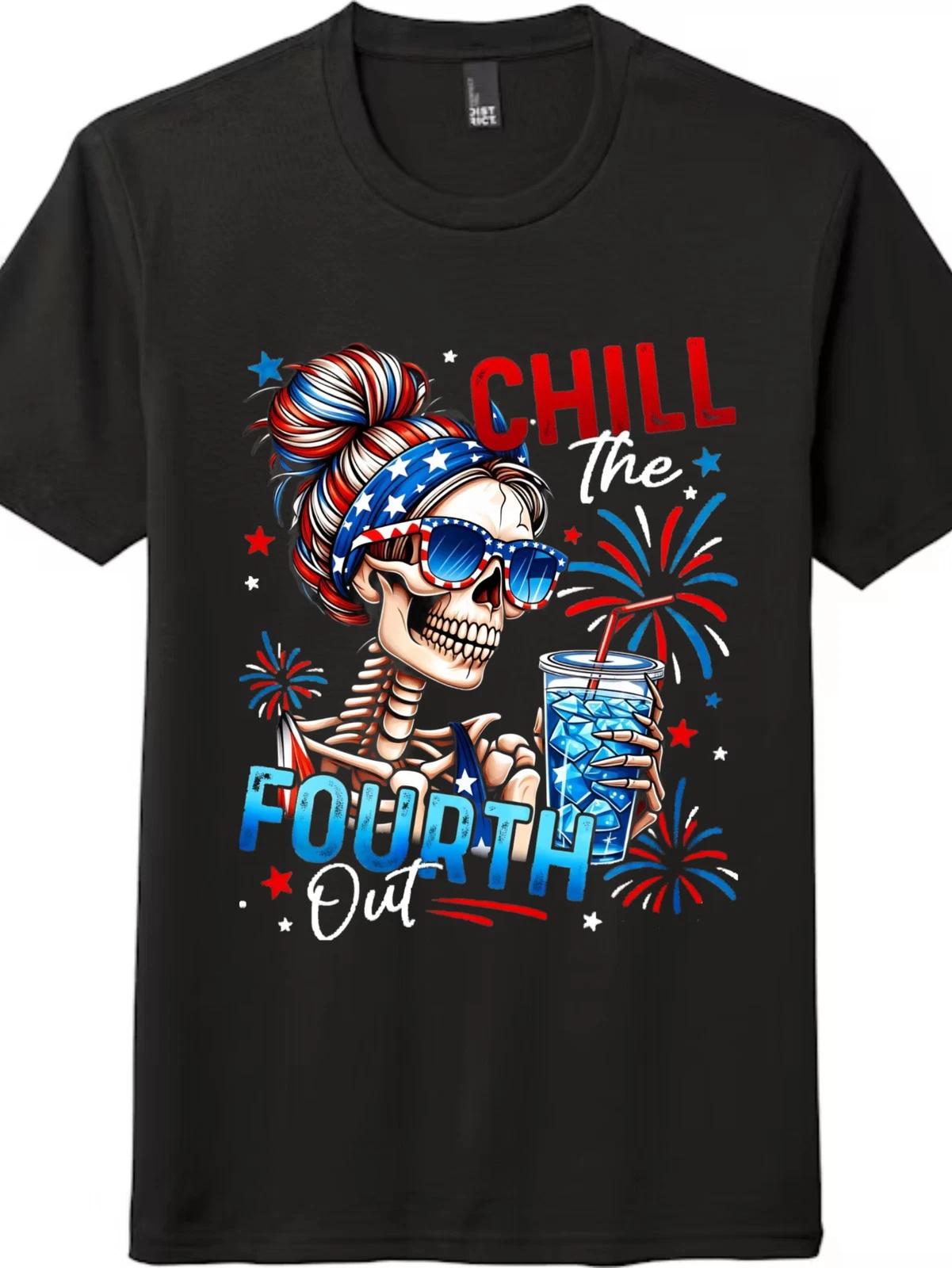 Chill the Fourth Out Skeleton 4th of July T-Shirt, Funny Patriotic Unisex Tee XS