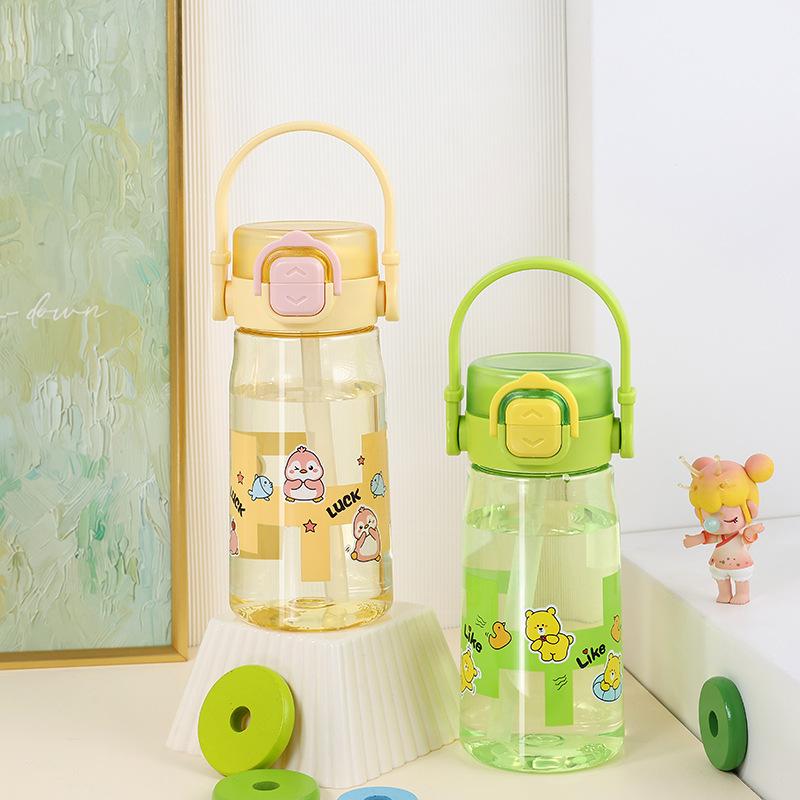 Water bottle high value cartoon children plastic straw cup men and women summer anti-drop lift portable water cup student drinking cup