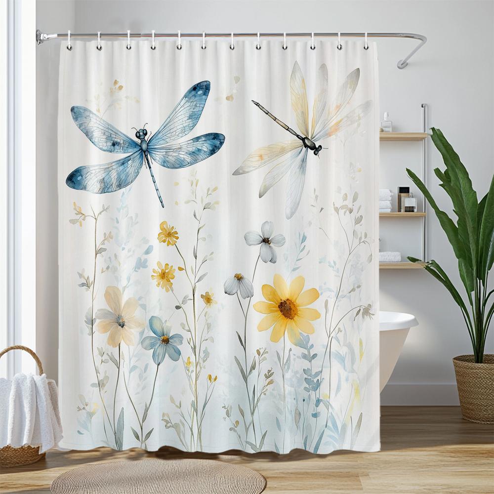 Blue Watercolor Floral Butterfly Shower Curtain, Bathroom Decorative Shower Curtain, Waterproof Shower Curtain with Hooks
