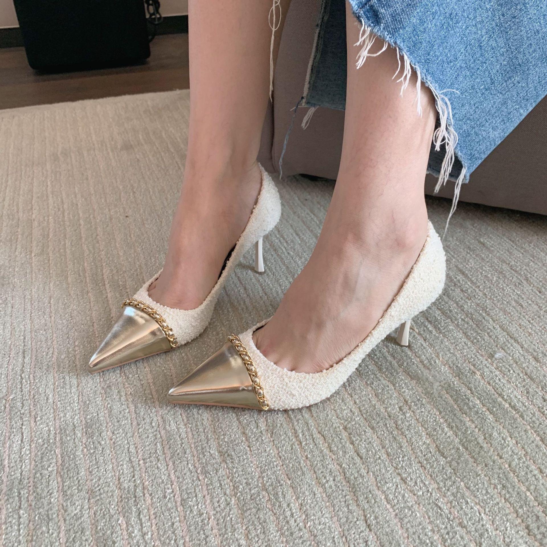 

Autumn new temperament celebrity bag head thin heel versatile dress shoes women s shallow mouth pick high heel single shoes 35 білий
