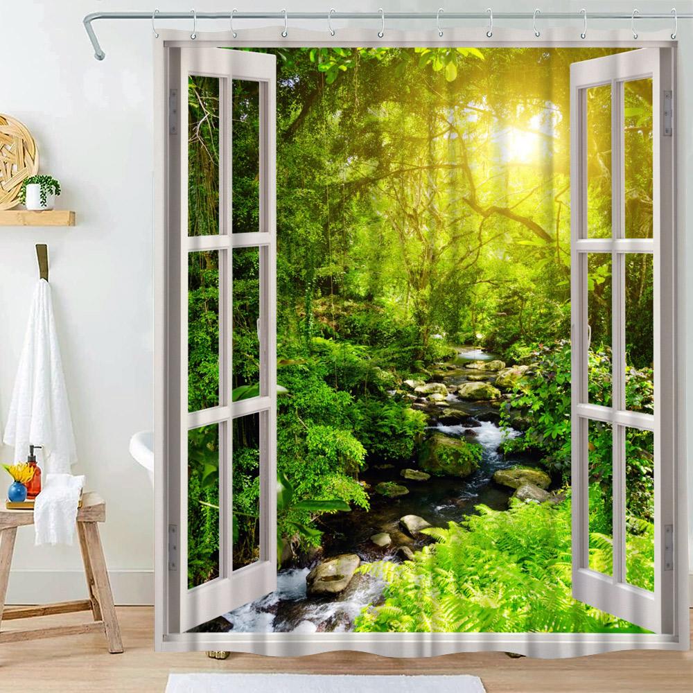 Waterfall Shower Curtain Natural Landscape Outside Window Scenery Forest Flowing Stream Bathroom Decor Polyester Bath Curtains