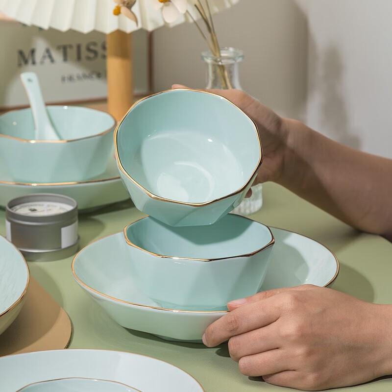 European Style 57-Piece Celadon Diamond Ceramic Dinnerware Set