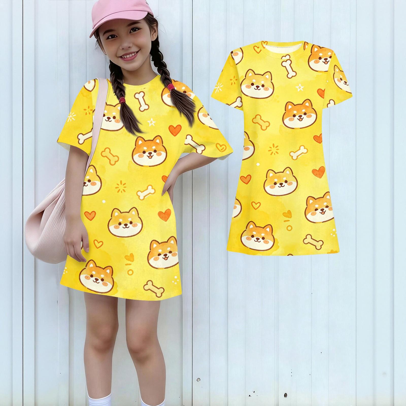 

Girls Loose Fit Short Sleeve Dress Lightweight Round Neck Casual Dress with Animal Print Pattern for Kids Summer Wear 160