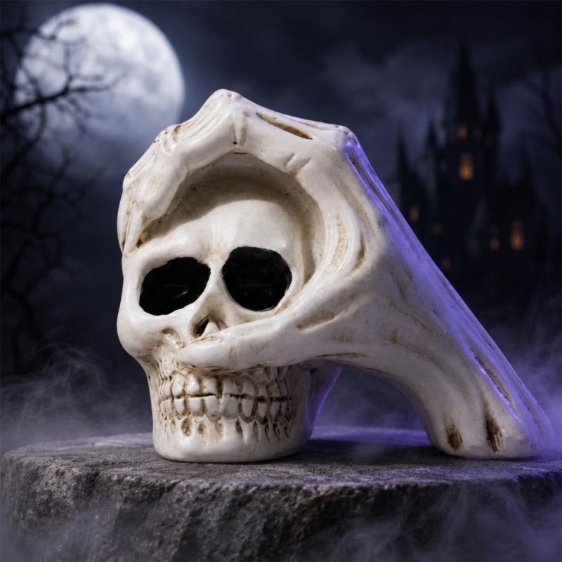 Resin Skull Figure for Halloween Display, Hand Over Skull Accent with Clear Bone Texture for Shelf Spots, Window Styling and Party Corner Use
