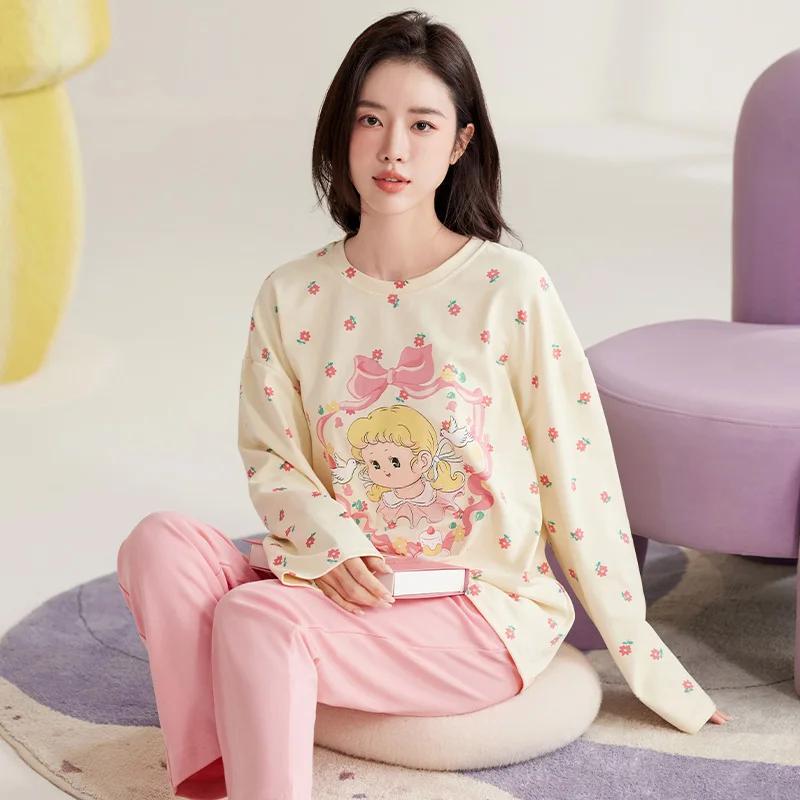 Niedliches Katzen-Pyjama-Set Damen Herbst Winter Langärmlig Lange Hose Nachtwäsche Weiche Pijamas Gemütliche Pyjamas Kawaii Nachthemd Mädchen