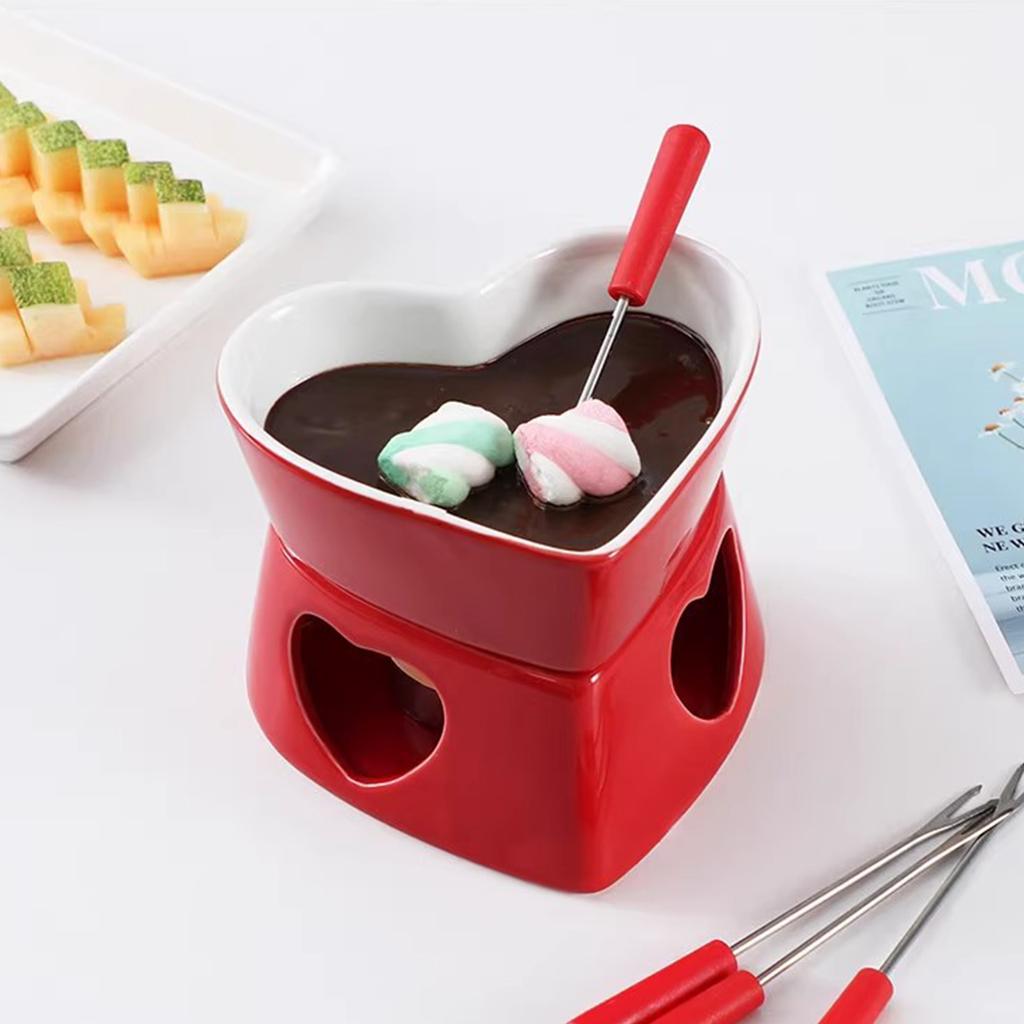 Ceramic Chocolate Fondue Pot Heart Shaped Mini Fondue Pot Set 320ML Cheese & Chocolate Fondue Pot for Parties Cozy Nights Gifts