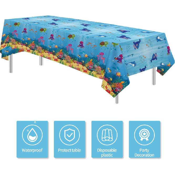 Under The Sea Party Decorations Tablecloth, 3Pcs Disposable Underwater Sea Life Blue Ocean Theme Birthday Baby Shower Tablecover Supplies, 86in x