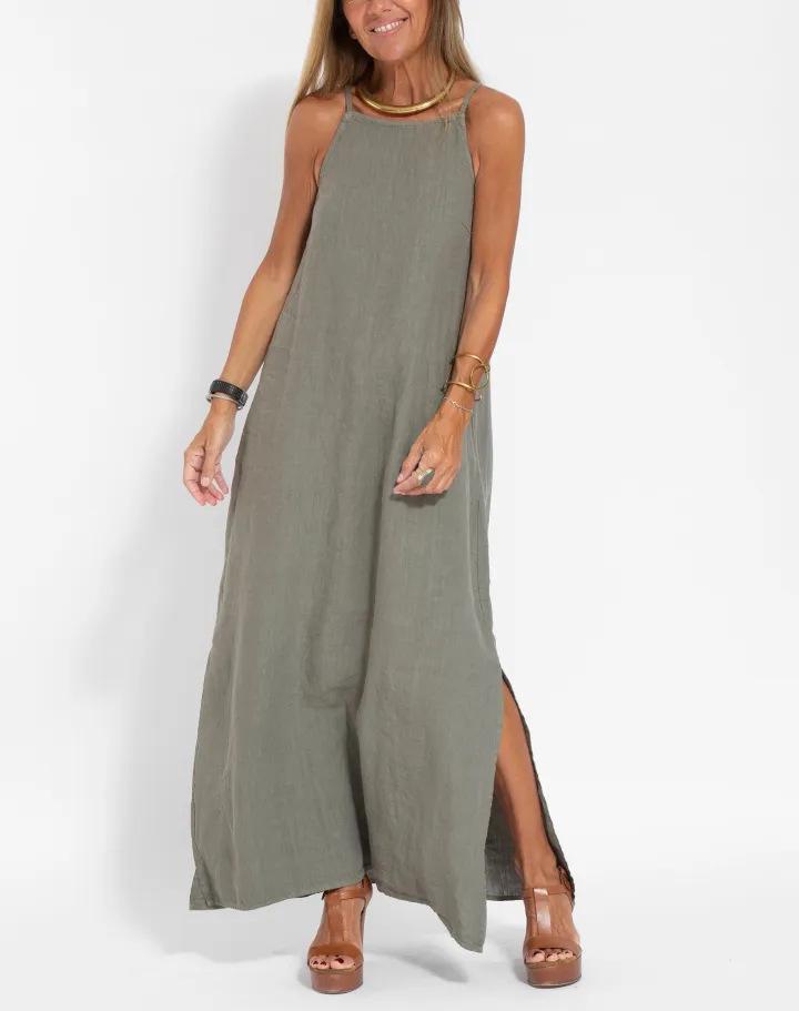 

Модное повседневное платье-майка из хлопка и льна с разрезом, 2023 Small армия зеленый