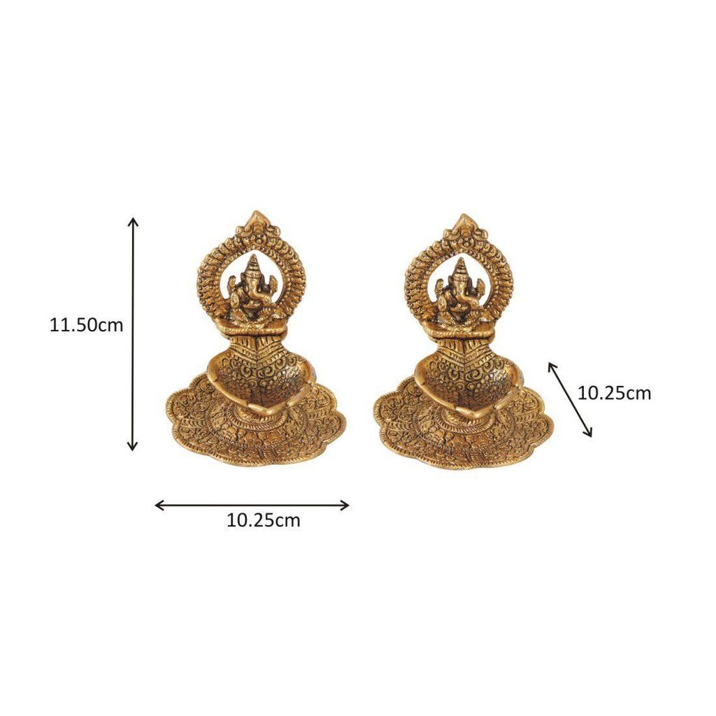 Aluminium Metal Ganesh Diya with Swastik Engraved In Hand (10.2 Cm X 10.2 Cm X 11.5 Cm, Set of 2)