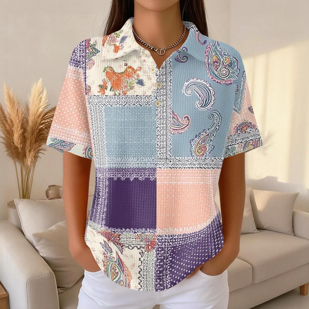 Women Fashion Casual Short Sleeve Waffle Knit Polo Collar Top with Patchwork Floral Print Loose Fit Button Down Shirt