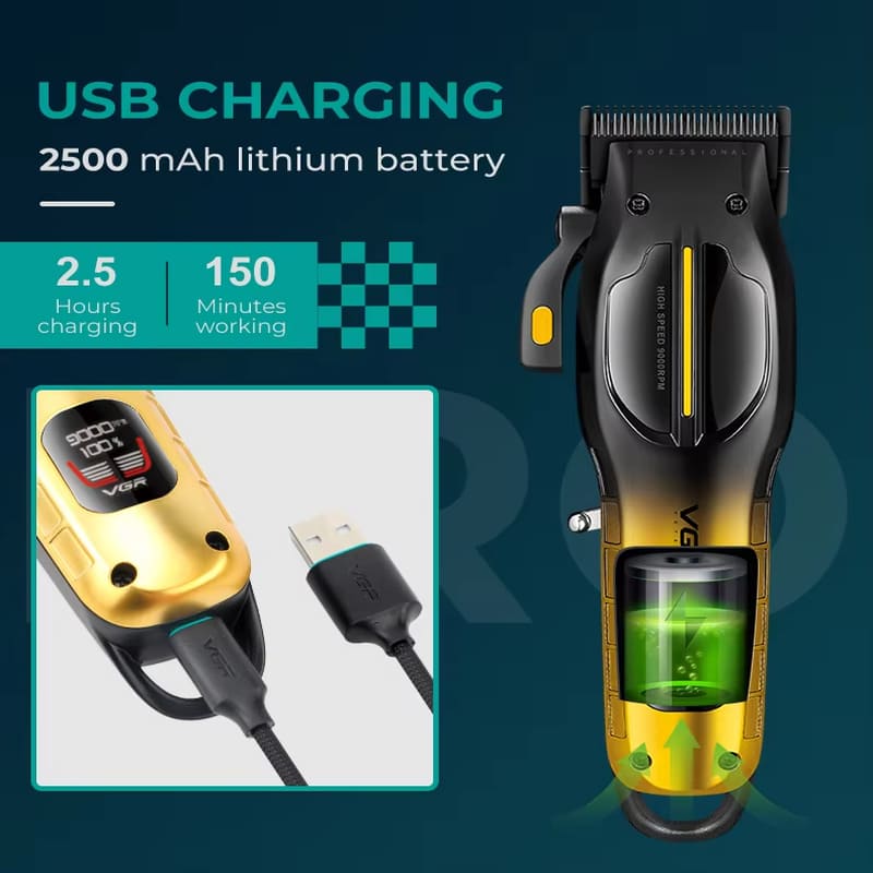 VGR High-end  Portable Hair Clipper Gradient Metal Body Hair Trimmer High-speed LCD Digital Display Screen Long Battery Life Electric Hair Clipper