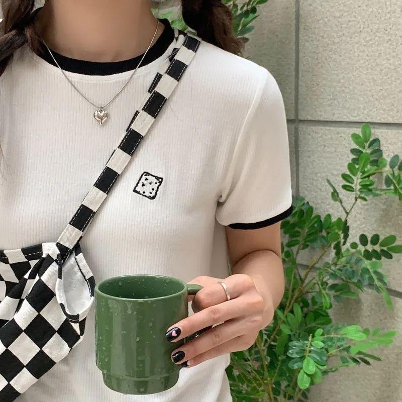 WTEMPO Branded Summer Women's Fashion Trend Clashing Trim Embroidered Short Sleeve T-shirt with Design Niche Round Neck Elasticated Tops