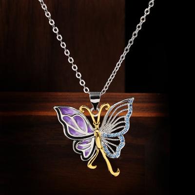 Exquisite Necklace for Women Purple Enamel 925 Silver Plated Butterfly Pendant Necklace Sweater Chain Wedding Jewelry