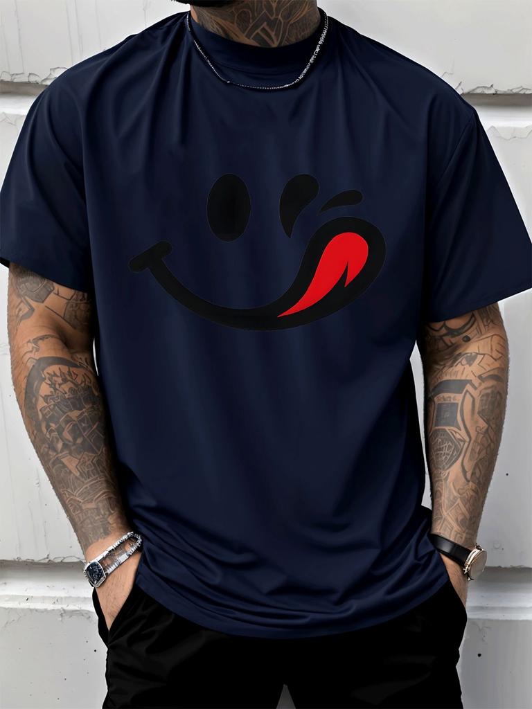 Unisex White Summer Tee Wink Smile Red Tongue Print Loose Oversized Streetwear Daily Casual Crew Neck Unisexs Short Sleeve Basic Top
