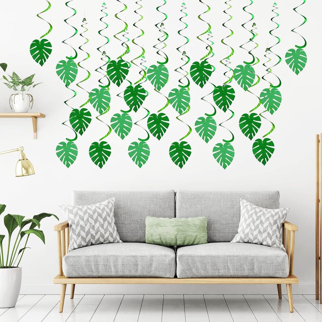 32 Pcs Hawaiian Luau Party Palm Leaves Swirl Decorations Hanging Ceiling Green Decoration Tropical Party for Summer Baby Shower Birthday Supplies