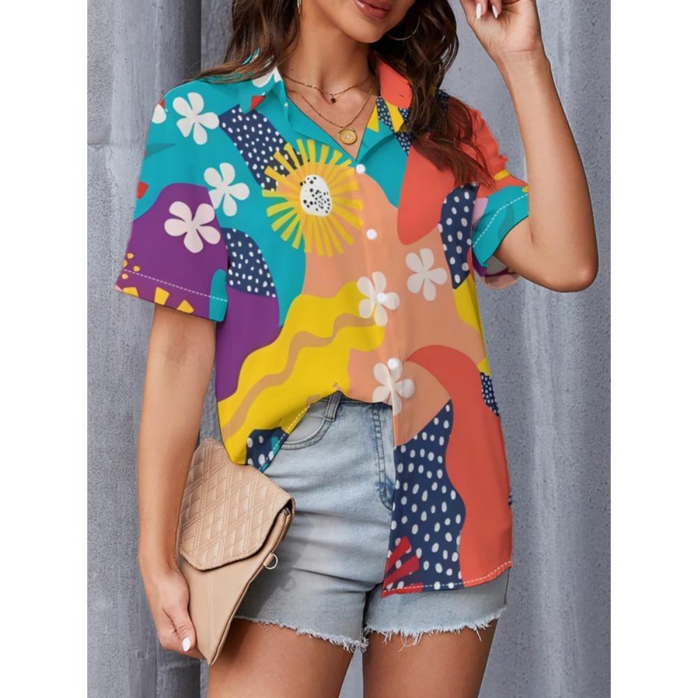 Minimalist and personalized print women s short sleeved lapel shirt, summer fashion, daily versatile casual top XL