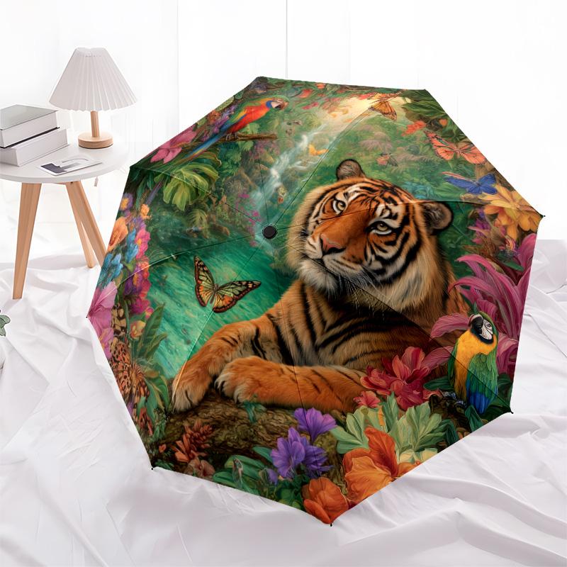 Tiger Parrot Pattern, Automatic Folding Umbrella, Portable and Foldable Design, 8 Ribs, a Christmas or Birthday Gift.
