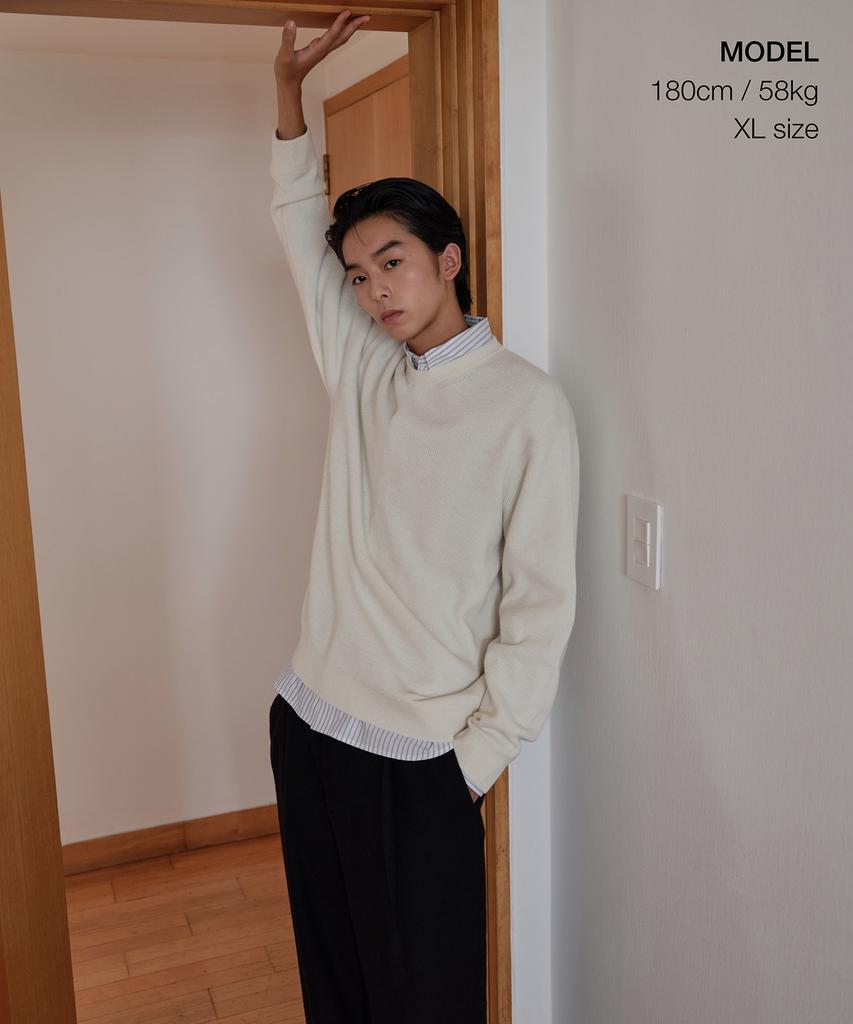 MUSINSA STANDARD [Victoria Wool] Minimal Ribbed Crew Neck Knit [Cream]