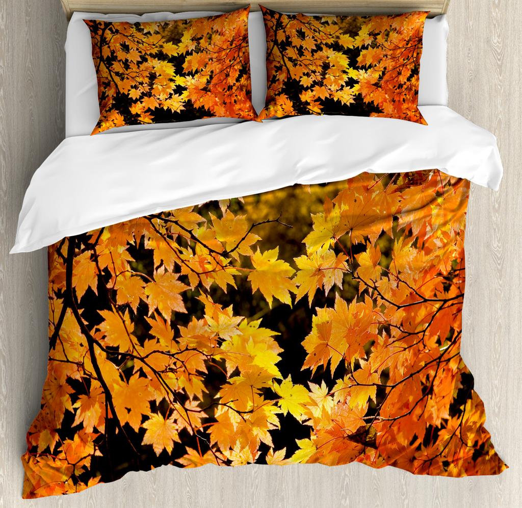 Leaves Duvet Cover Set Fall Season Canadian Maple Leaf Natural Plant Gold King Queen Size for Kid Boy Girl Polyester Bedding Set