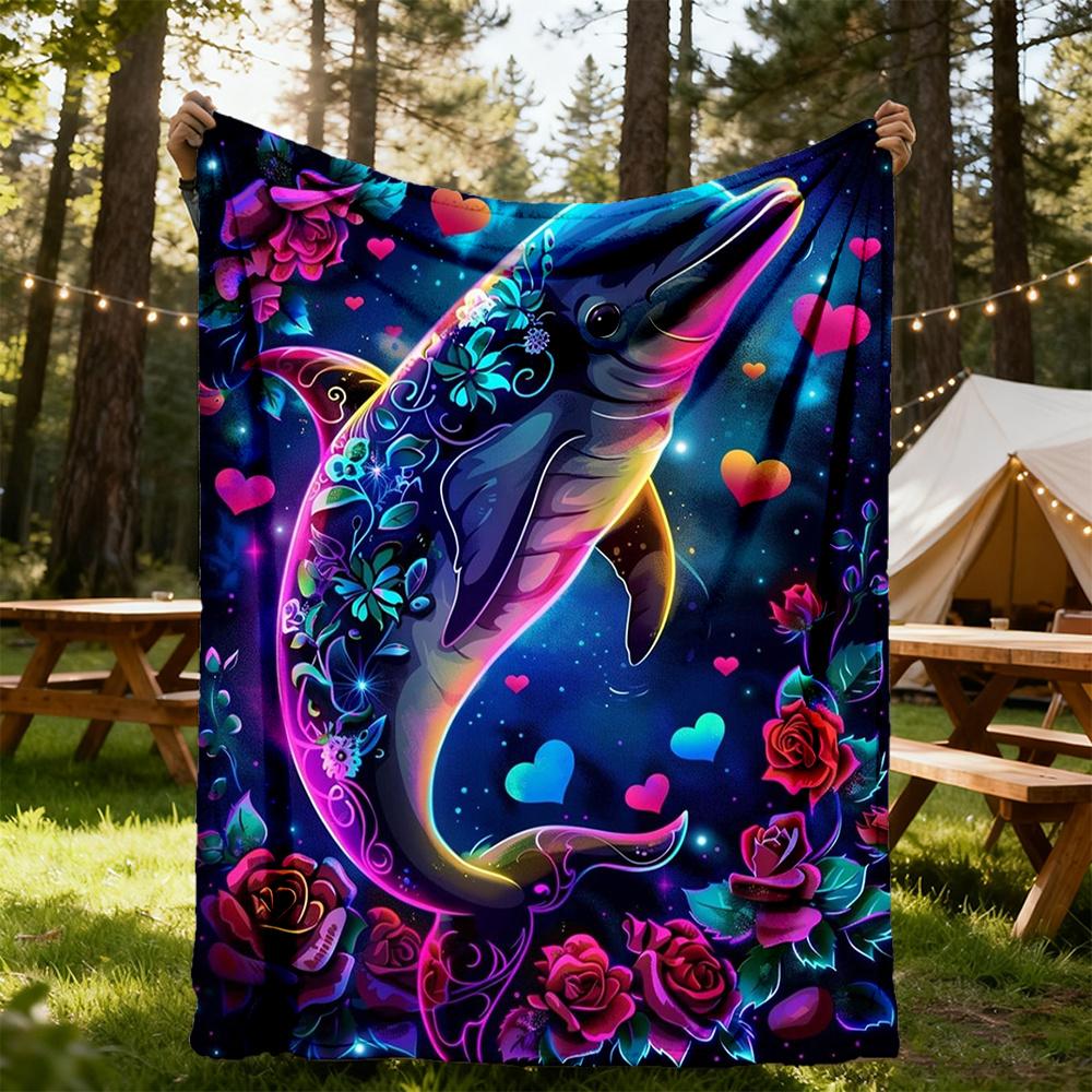 1pc Dolphin Flowers Flannel Blanket, Comfortable and Warm Blanket, for Camping Sofa Bed and Couch Office018