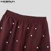 INCERUN Oversized Men Elastic Waist Front Pearl Decoration Patchwork Casual Long Pants Trousers 