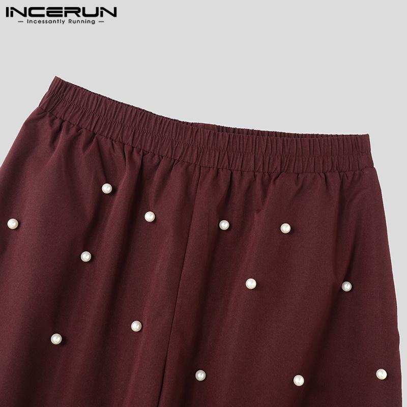 INCERUN Oversized Men Elastic Waist Front Pearl Decoration Patchwork Casual Long Pants Trousers 