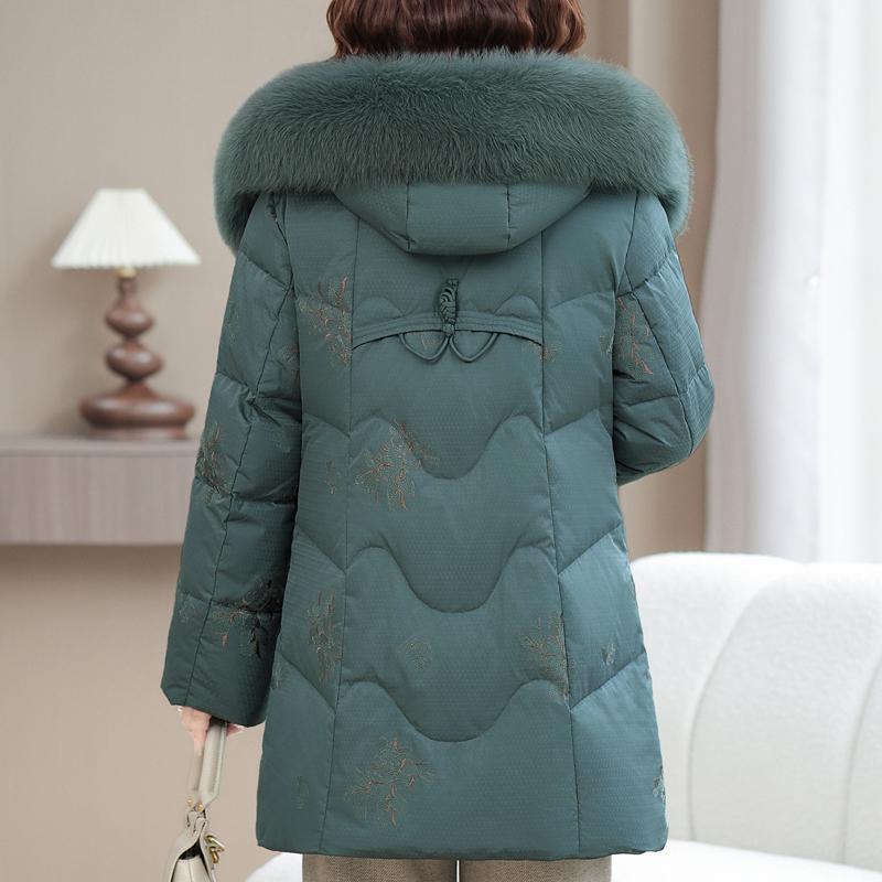 Real Fur Collar Middle-aged Women's Winter Down Coats Hooded Plus Size XL-6XL Embroidery White Duck Down Jackets for Women Thick Warm Parkas