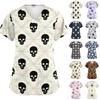 Damen V-Ausschnitt Kurzarm Kasack mit Taschen Halloween-Print Pflegekraft Uniform