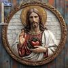 2D Flat Vintage Round Wooden Wall Decor - Sacred Heart of Jesus Religious Decoration, No Power Needed, Ideal Holiday Gift, Home Decor for Living
