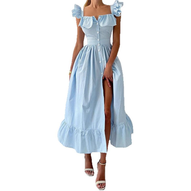 Flying Sleeves Frill Dress 2025 Fresh Sweet Square Collar Breasted Stripe Slit Long dress