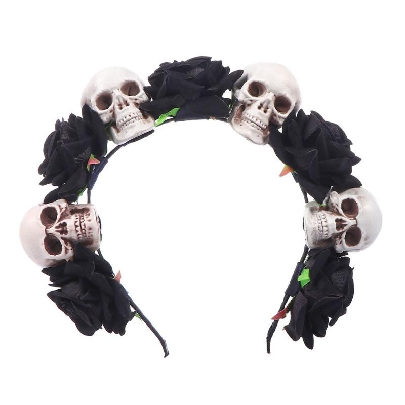 White Vintage Skulls Headdress Rose Headwear for Girls Halloween Hair Hoop Cosplay Ghost Rose Hair Hoop