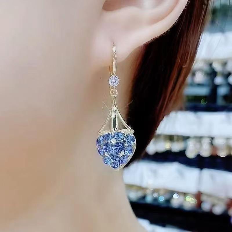 Versatile Rhinestone Blue Heart Earrings - Elegant Dangle Ear Hooks for Women