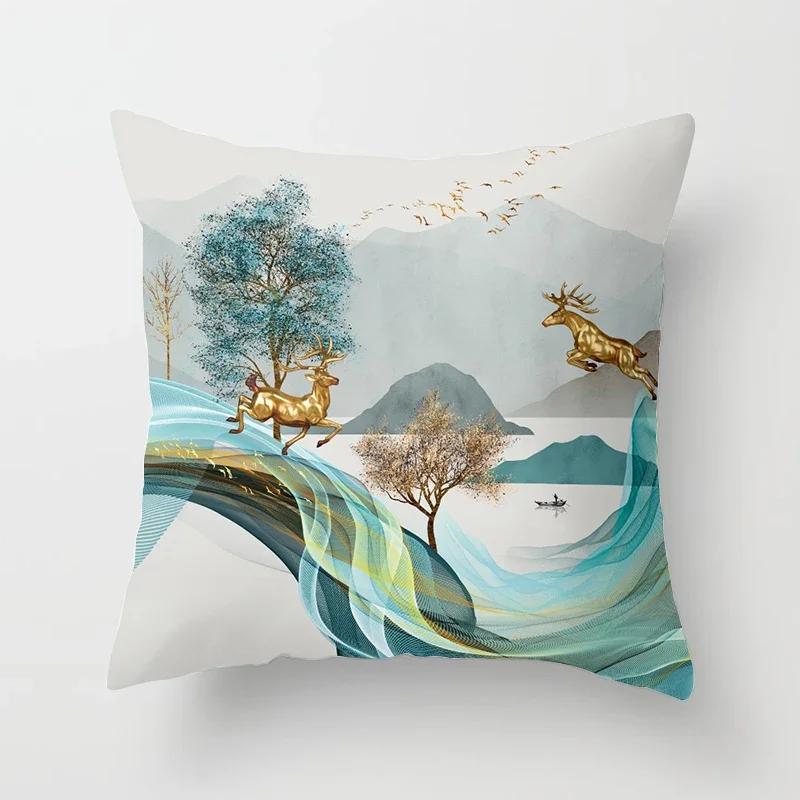 Black Gold Drawing Leaf Elk Tree Bird Butterfly Printed Square Pillowslip Polyester Cushion Cover Pillowcase Living Room Home