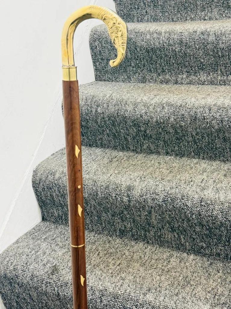 Walking Stick Black Twisted Pole With A Brass Elephant Head Comfortable Handle.