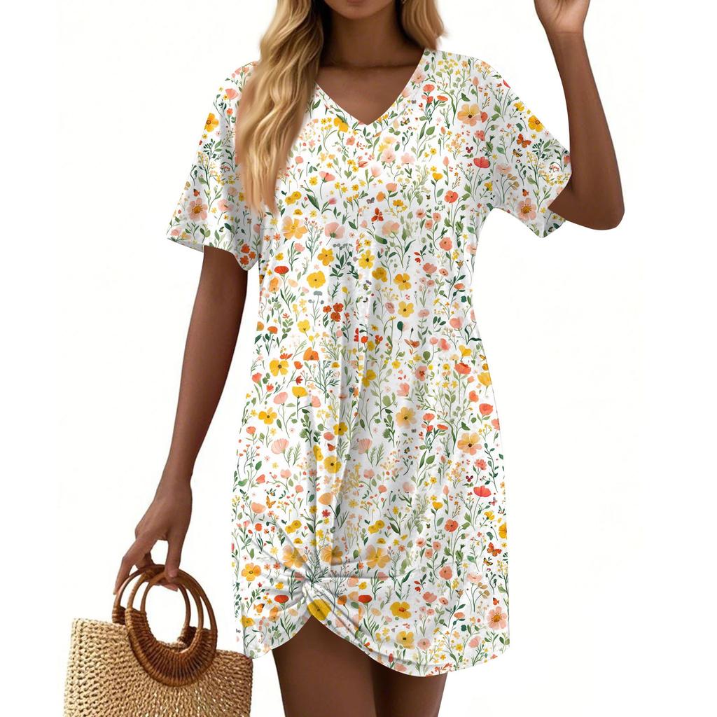 Women's Summer Casual Floral Printed Hem Knotted Short Sleeve Dresses