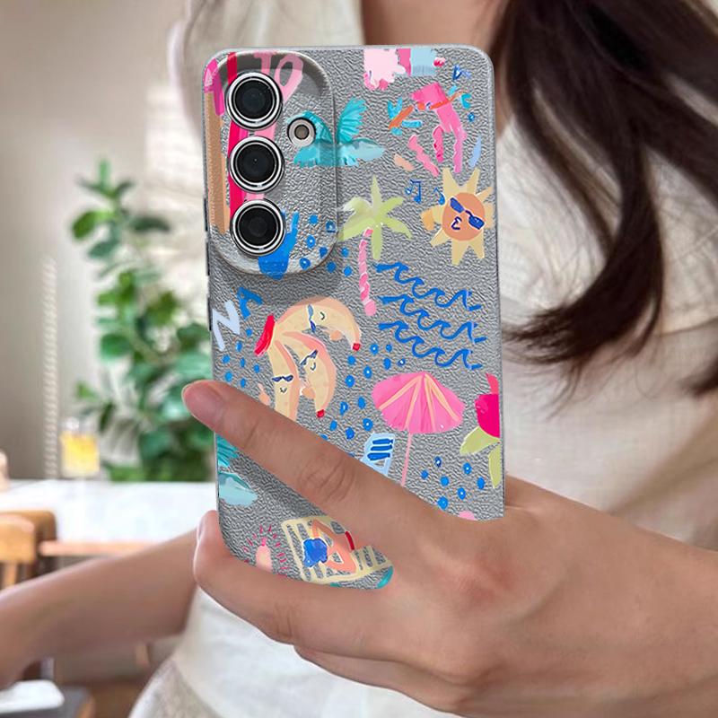 Cartoon Vacation Painting Case For Samsung Galaxy S26 Ultra S25 Edge S24 S23 S22 Plus S21 FE Leather Texture Silicone Cover