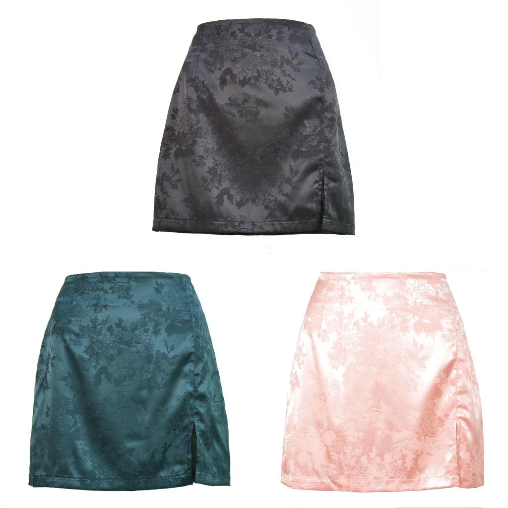 Elegant Floral Pattern Satin A Line Short Skirt With Zipper For Summer Women