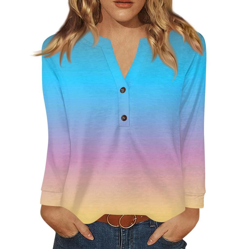 Dámské tričko s potiskem, knoflíky, dlouhý rukáv, denní, víkendová móda, základní, výstřih do V, běžný top