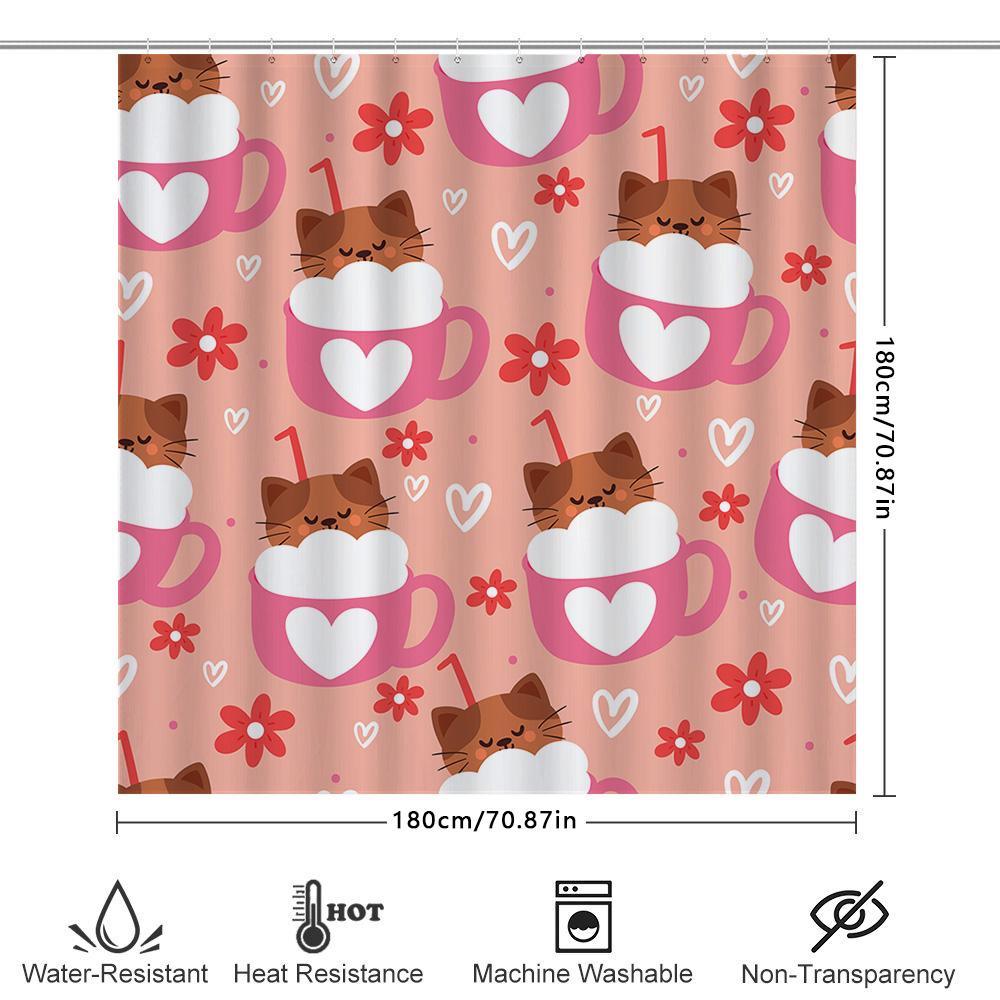 Pink Cup Cat Shower Curtain Cute Animal Print Decorative Bathroom Liner Set For Home Decoration Accessories (180 X 180Cm) Free S